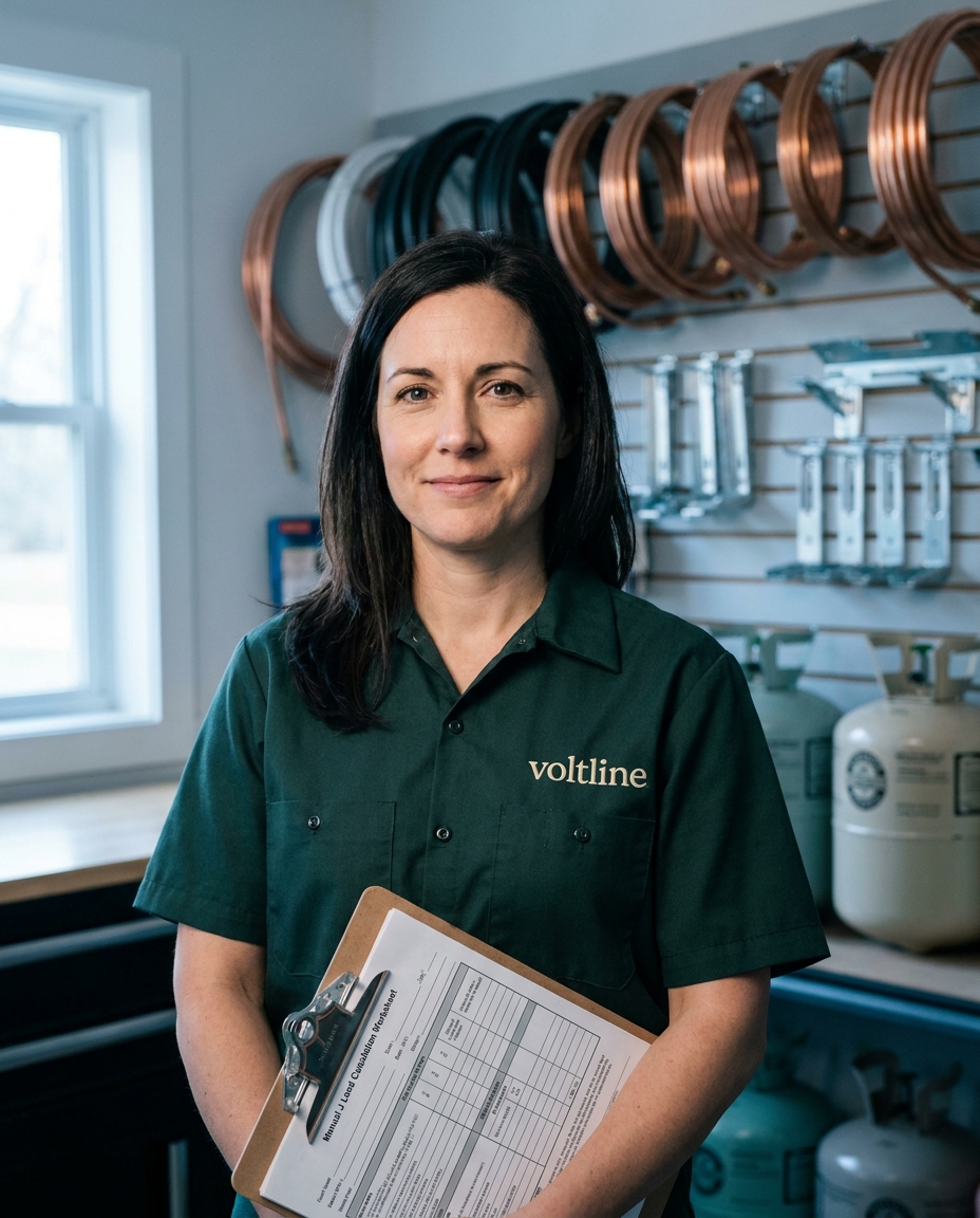 Adrienne Beaulieu in the Voltline shop, holding a Manual J load calc clipboard