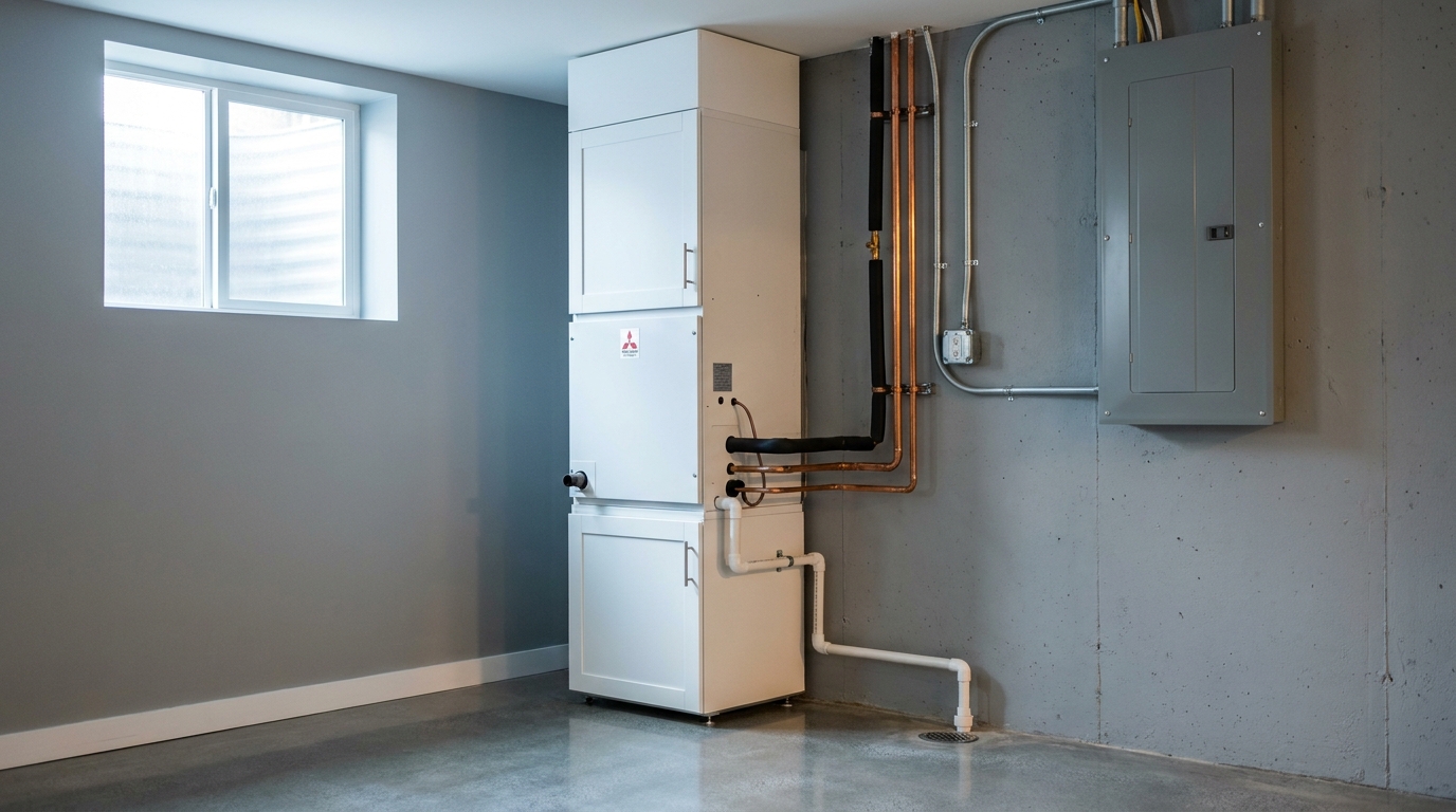Mitsubishi air handler newly installed in a Burlington utility room