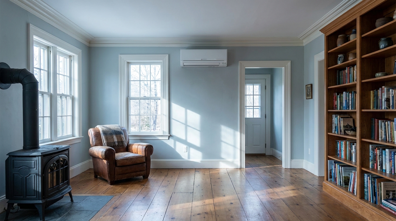 Mitsubishi wall-mounted ductless head in a Vermont living room
