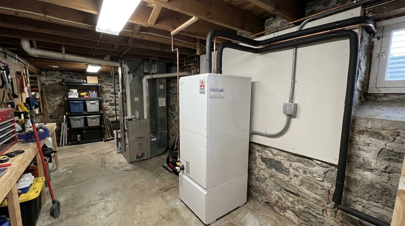 Mitsubishi PUZ-HA ducted air handler installed in a Burlington basement utility room